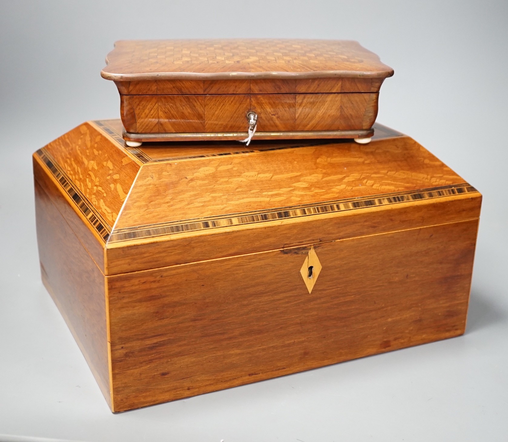 A 19th century partridge-wood and coromandel banded sewing box, together with a French parquetry kingwood jewellery box, with turned bone feet, largest 32cm wide